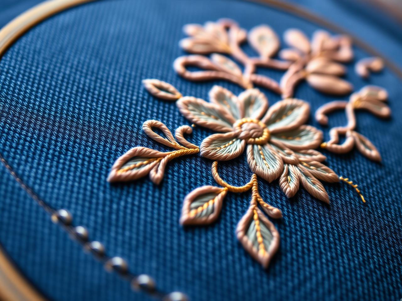 Detailed digital embroidery on hooped denim fabric