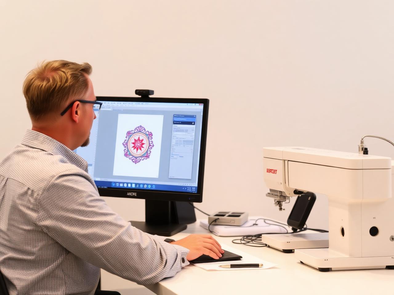 Designer digitizing an embroidery pattern on a computer